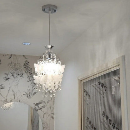 Modern Art Deco Cream Butterfly Shell Wind Chime Iron Crystal 1-Light Pendant Light For Bedroom