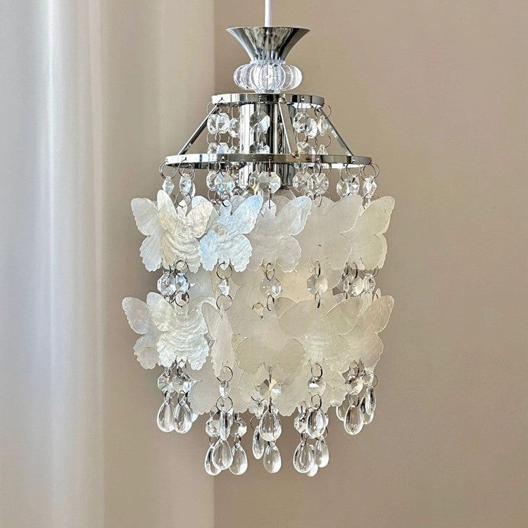 Modern Art Deco Cream Butterfly Shell Wind Chime Iron Crystal 1-Light Pendant Light For Bedroom
