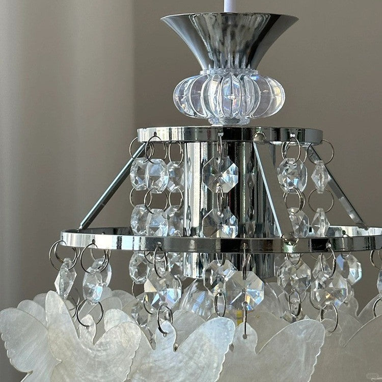 Modern Art Deco Cream Butterfly Shell Wind Chime Iron Crystal 1-Light Pendant Light For Bedroom