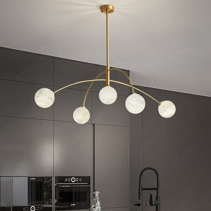 Contemporary Nordic Curved Round Orb Copper Marble 5-Light Chandelier For Living Room