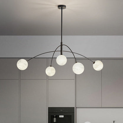 Contemporary Nordic Curved Round Orb Copper Marble 5-Light Chandelier For Living Room