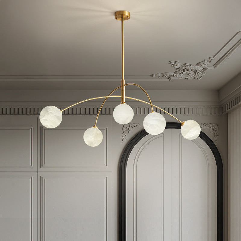 Contemporary Nordic Curved Round Orb Copper Marble 5-Light Chandelier For Living Room