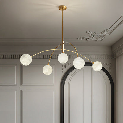 Contemporary Nordic Curved Round Orb Copper Marble 5-Light Chandelier For Living Room