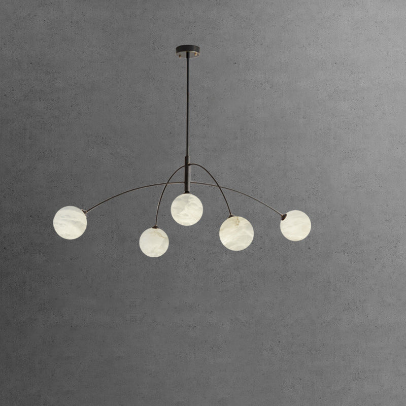 Contemporary Nordic Curved Round Orb Copper Marble 5-Light Chandelier For Living Room