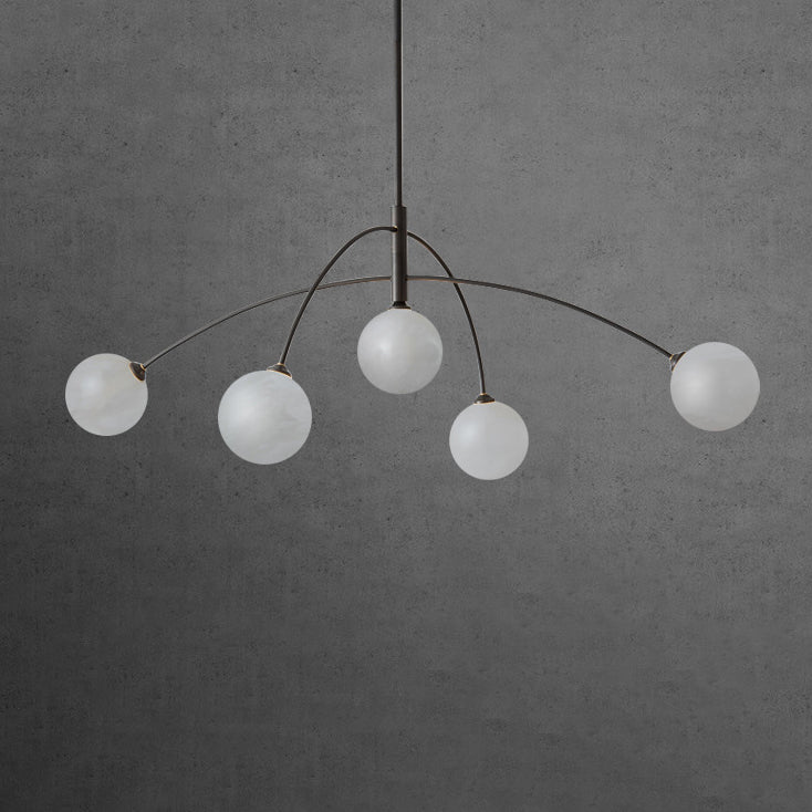 Contemporary Nordic Curved Round Orb Copper Marble 5-Light Chandelier For Living Room