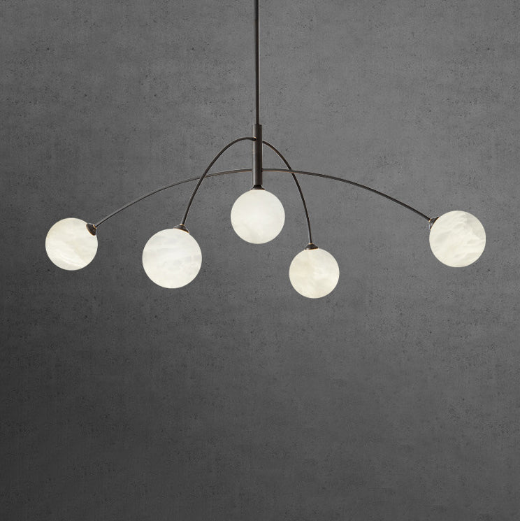 Contemporary Nordic Curved Round Orb Copper Marble 5-Light Chandelier For Living Room
