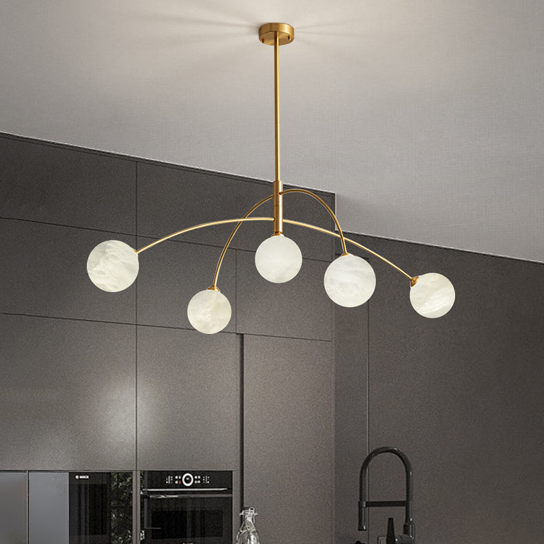 Contemporary Nordic Curved Round Orb Copper Marble 5-Light Chandelier For Living Room