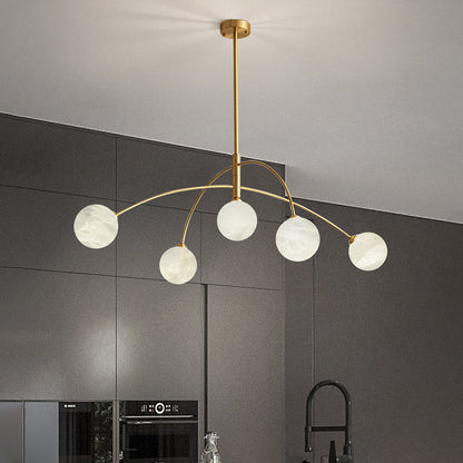 Contemporary Nordic Curved Round Orb Copper Marble 5-Light Chandelier For Living Room