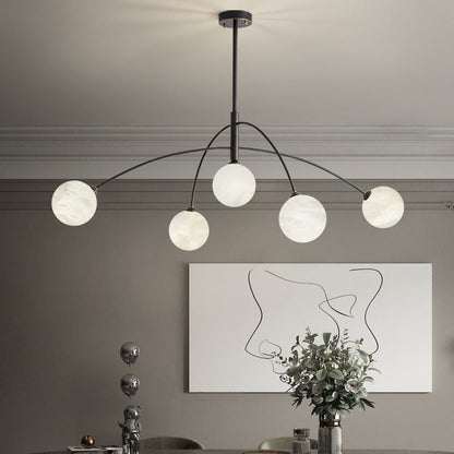 Contemporary Nordic Curved Round Orb Copper Marble 5-Light Chandelier For Living Room