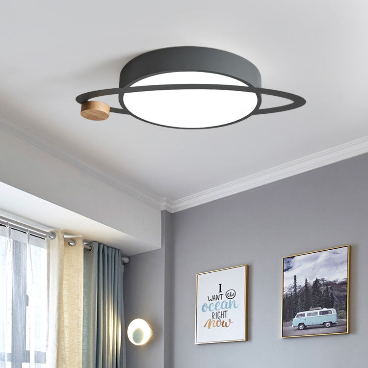 Contemporary Creative Planet Round Iron Rubberwood Acrylic LED Flush Mount Ceiling Light For Bedroom