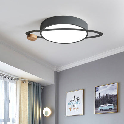 Contemporary Creative Planet Round Iron Rubberwood Acrylic LED Flush Mount Ceiling Light For Bedroom