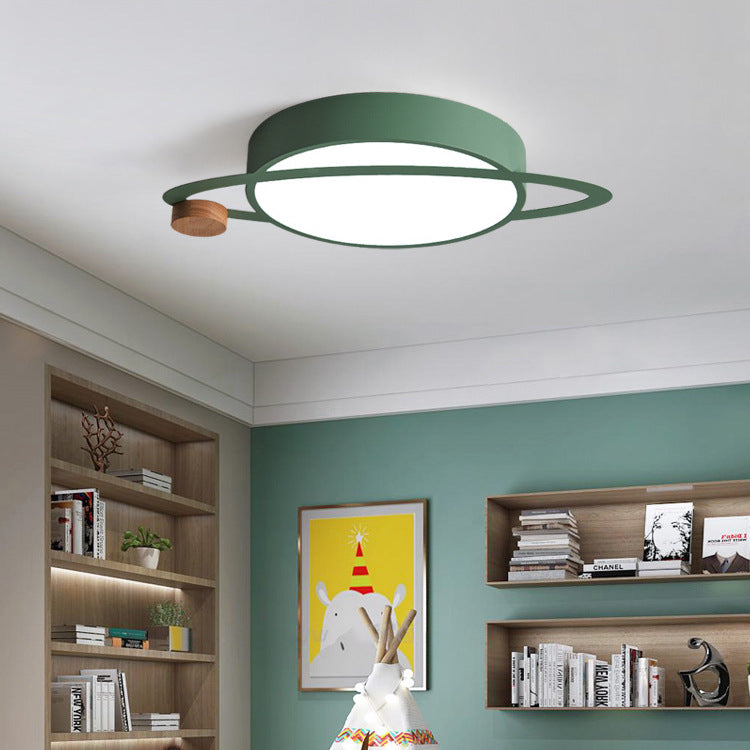 Contemporary Creative Planet Round Iron Rubberwood Acrylic LED Flush Mount Ceiling Light For Bedroom
