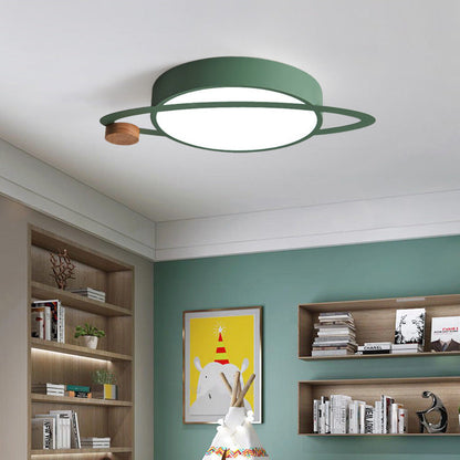 Contemporary Creative Planet Round Iron Rubberwood Acrylic LED Flush Mount Ceiling Light For Bedroom