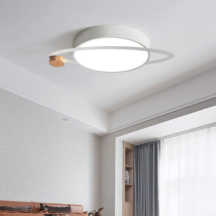 Contemporary Creative Planet Round Iron Rubberwood Acrylic LED Flush Mount Ceiling Light For Bedroom