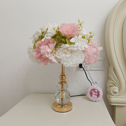 Modern Art Deco Round Metal Rose Crystal Fabric 1-Light Table Lamp For Bedroom