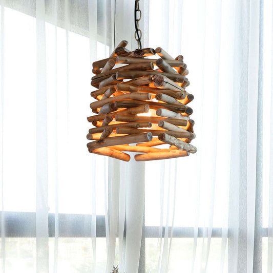Traditional Rustic Wooden Stick Cone Cylinder Wood 1-Light Pendant Light For Dining Room