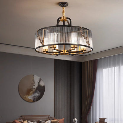 Traditional Vintage Round Rectangle Copper Glass 5/6 Light Chandelier For Living Room