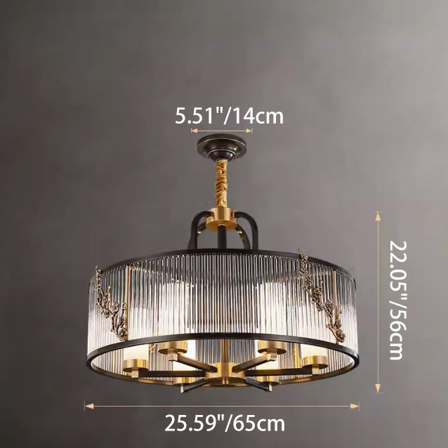 Traditional Vintage Round Rectangle Copper Glass 5/6 Light Chandelier For Living Room