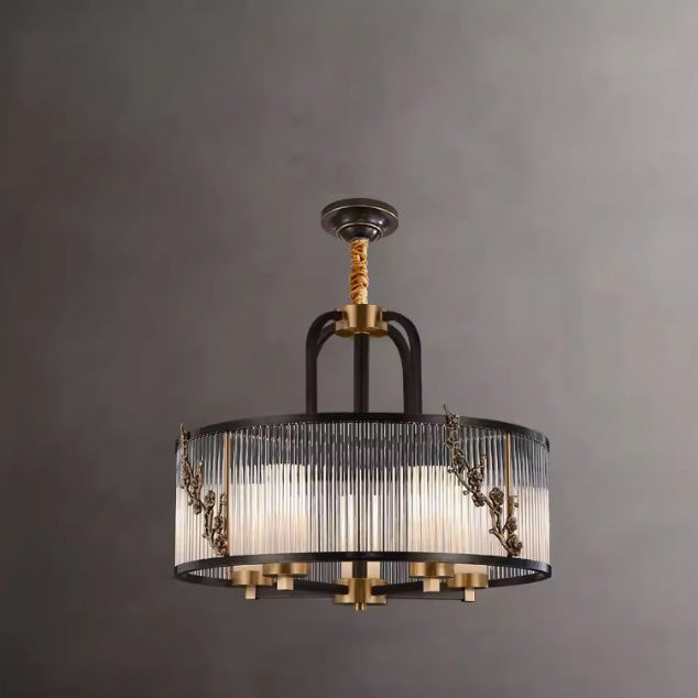 Traditional Vintage Round Rectangle Copper Glass 5/6 Light Chandelier For Living Room