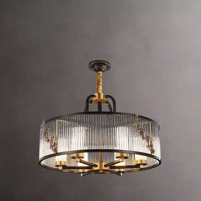 Traditional Vintage Round Rectangle Copper Glass 5/6 Light Chandelier For Living Room
