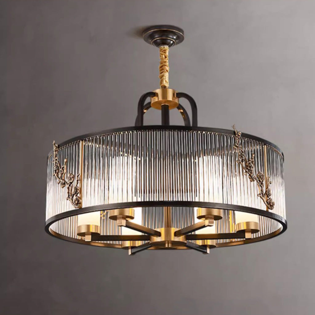 Traditional Vintage Round Rectangle Copper Glass 5/6 Light Chandelier For Living Room