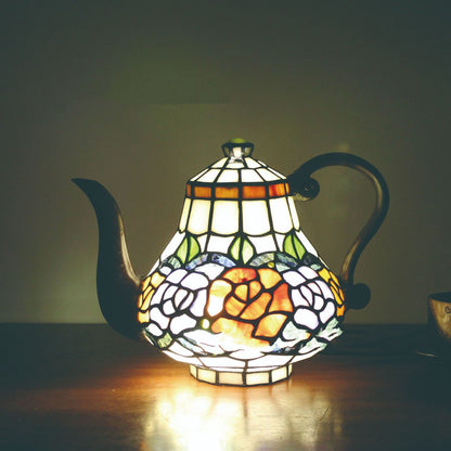 Traditional Tiffany Creative Rose Kettle Shape Stained Glass 1-Light Table Lamp For Dining Room