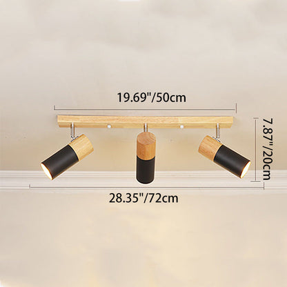 Contemporary Nordic Adjustable Linear Cylinder Wood Aluminum Spotlight 3-Light Semi-Flush Mount Ceiling Light For Bedroom