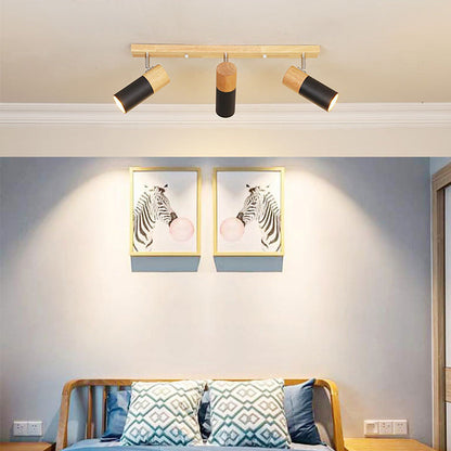 Contemporary Nordic Adjustable Linear Cylinder Wood Aluminum Spotlight 3-Light Semi-Flush Mount Ceiling Light For Bedroom
