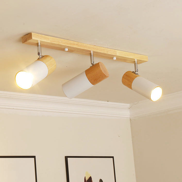 Contemporary Nordic Adjustable Linear Cylinder Wood Aluminum Spotlight 3-Light Semi-Flush Mount Ceiling Light For Bedroom