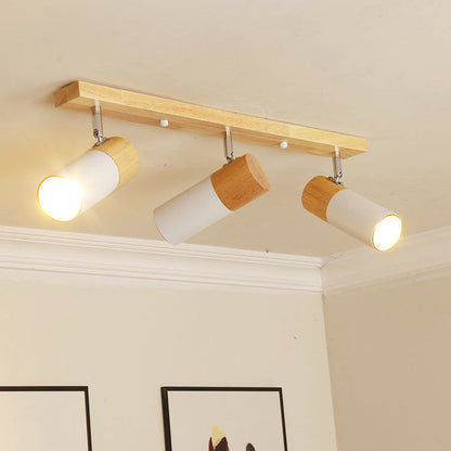 Contemporary Nordic Adjustable Linear Cylinder Wood Aluminum Spotlight 3-Light Semi-Flush Mount Ceiling Light For Bedroom