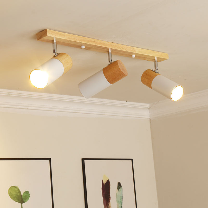Contemporary Nordic Adjustable Linear Cylinder Wood Aluminum Spotlight 3-Light Semi-Flush Mount Ceiling Light For Bedroom