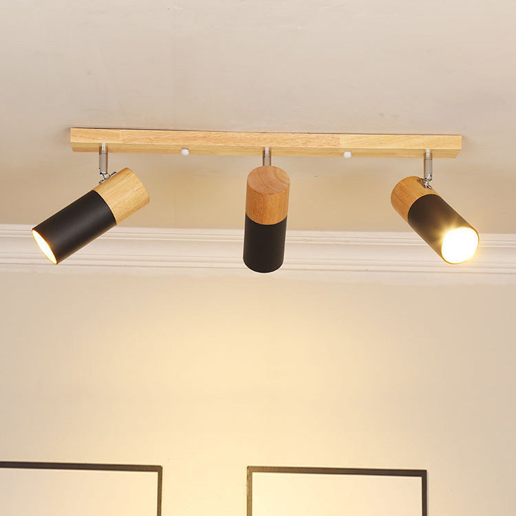 Contemporary Nordic Adjustable Linear Cylinder Wood Aluminum Spotlight 3-Light Semi-Flush Mount Ceiling Light For Bedroom