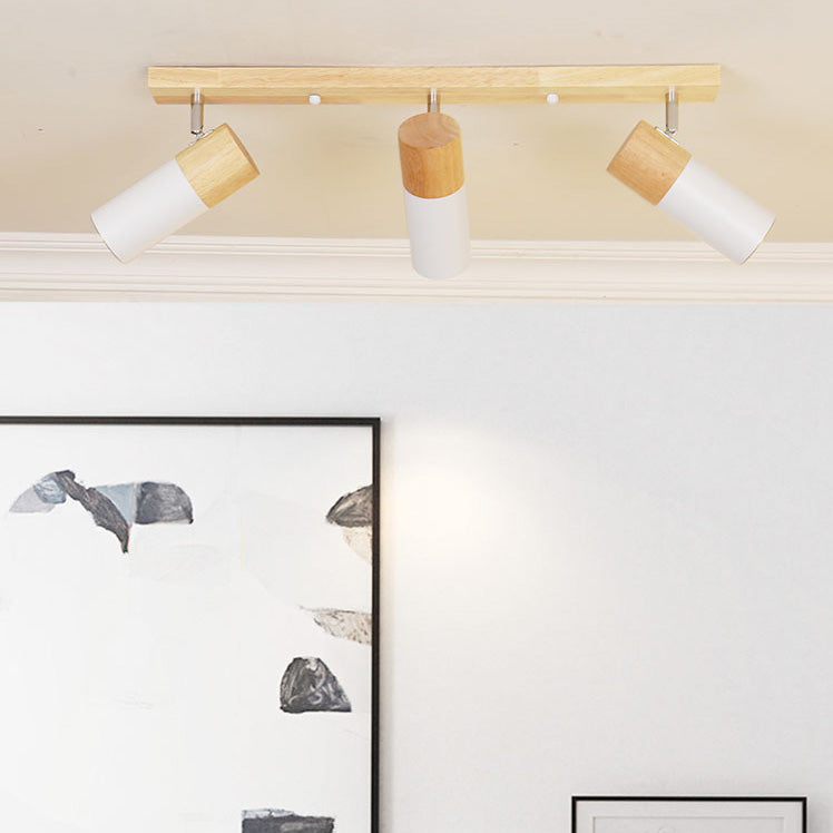 Contemporary Nordic Adjustable Linear Cylinder Wood Aluminum Spotlight 3-Light Semi-Flush Mount Ceiling Light For Bedroom