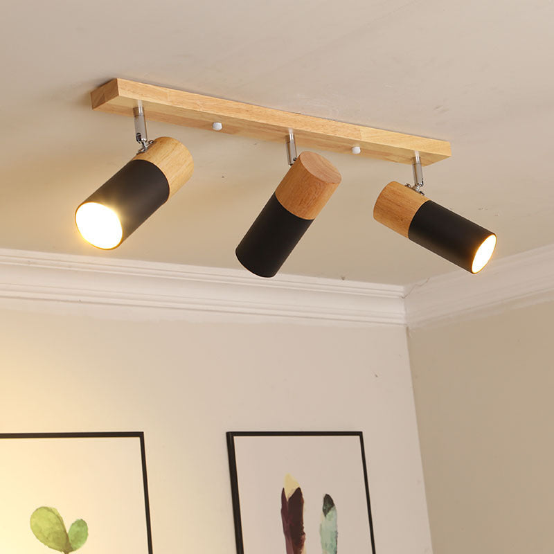 Contemporary Nordic Adjustable Linear Cylinder Wood Aluminum Spotlight 3-Light Semi-Flush Mount Ceiling Light For Bedroom