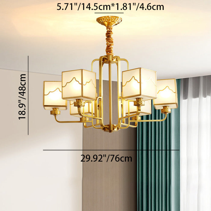 Traditional Chinese Square Rectangle Round Copper Glass 6/8/10 Light Chandelier For Living Room