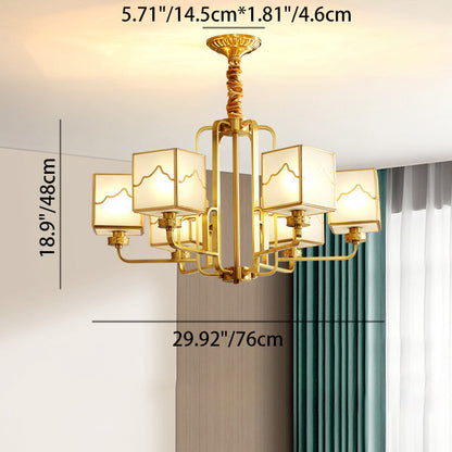 Traditional Chinese Square Rectangle Round Copper Glass 6/8/10 Light Chandelier For Living Room