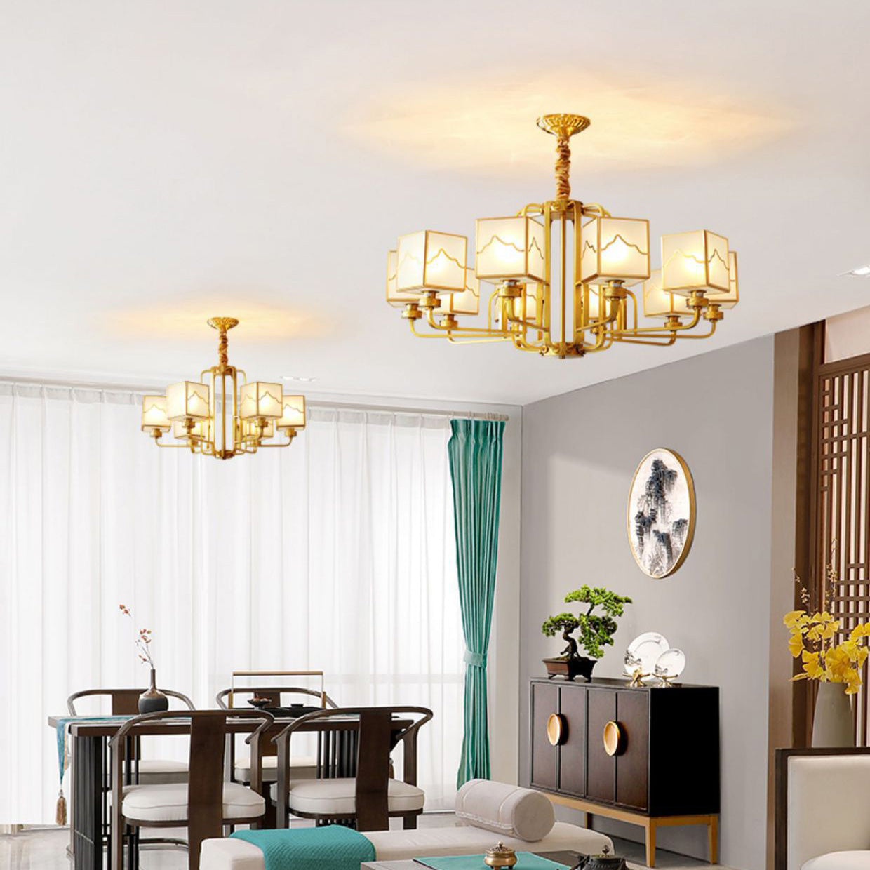 Traditional Chinese Square Rectangle Round Copper Glass 6/8/10 Light Chandelier For Living Room