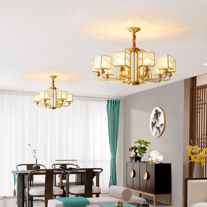 Traditional Chinese Square Rectangle Round Copper Glass 6/8/10 Light Chandelier For Living Room