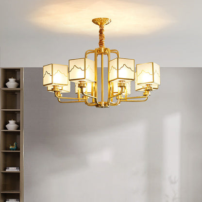 Traditional Chinese Square Rectangle Round Copper Glass 6/8/10 Light Chandelier For Living Room