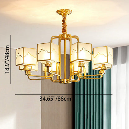 Traditional Chinese Square Rectangle Round Copper Glass 6/8/10 Light Chandelier For Living Room