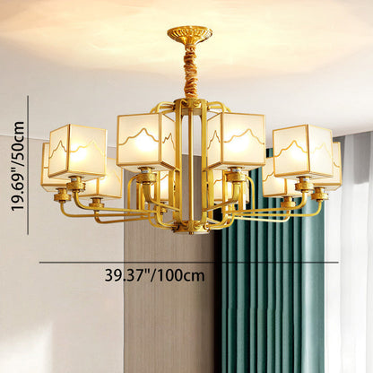 Traditional Chinese Square Rectangle Round Copper Glass 6/8/10 Light Chandelier For Living Room