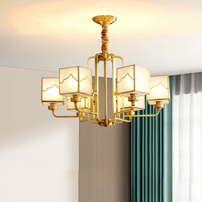 Traditional Chinese Square Rectangle Round Copper Glass 6/8/10 Light Chandelier For Living Room