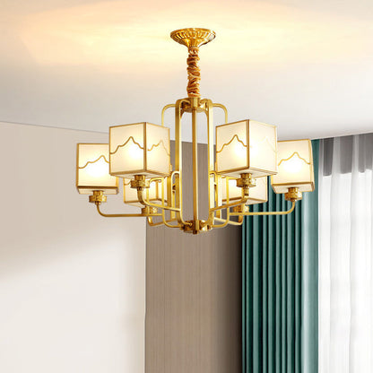 Traditional Chinese Square Rectangle Round Copper Glass 6/8/10 Light Chandelier For Living Room