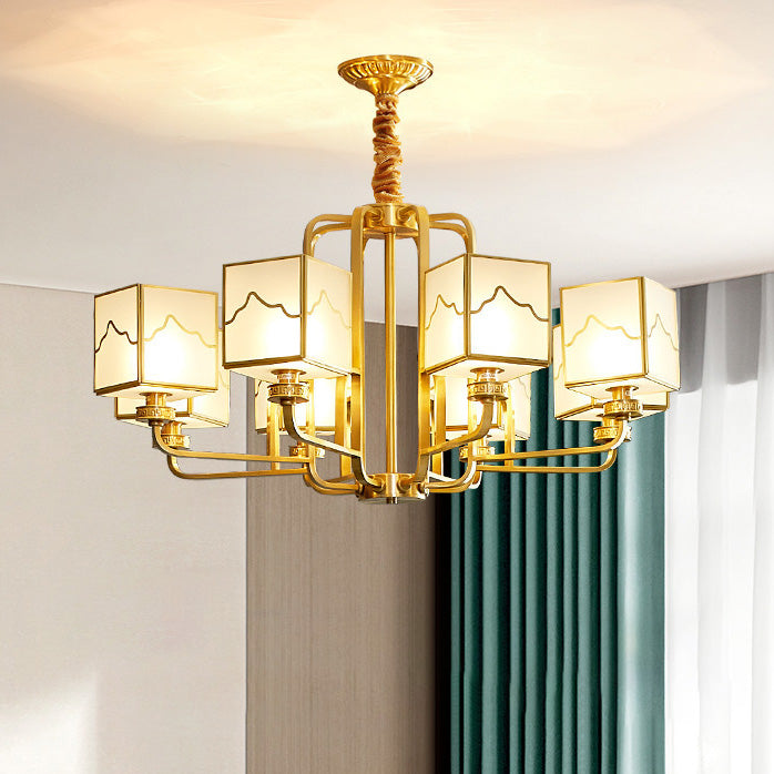 Traditional Chinese Square Rectangle Round Copper Glass 6/8/10 Light Chandelier For Living Room