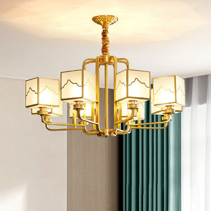 Traditional Chinese Square Rectangle Round Copper Glass 6/8/10 Light Chandelier For Living Room