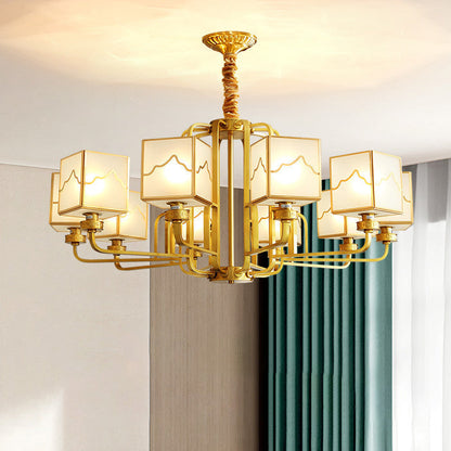 Traditional Chinese Square Rectangle Round Copper Glass 6/8/10 Light Chandelier For Living Room