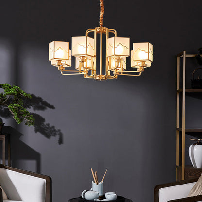 Traditional Chinese Square Rectangle Round Copper Glass 6/8/10 Light Chandelier For Living Room