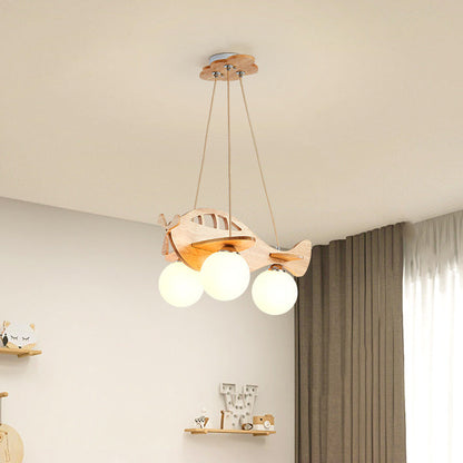 Contemporary Creative Kids Cartoon Airplane Orb Wood Iron Glass 3-Light Chandelier For Bedroom