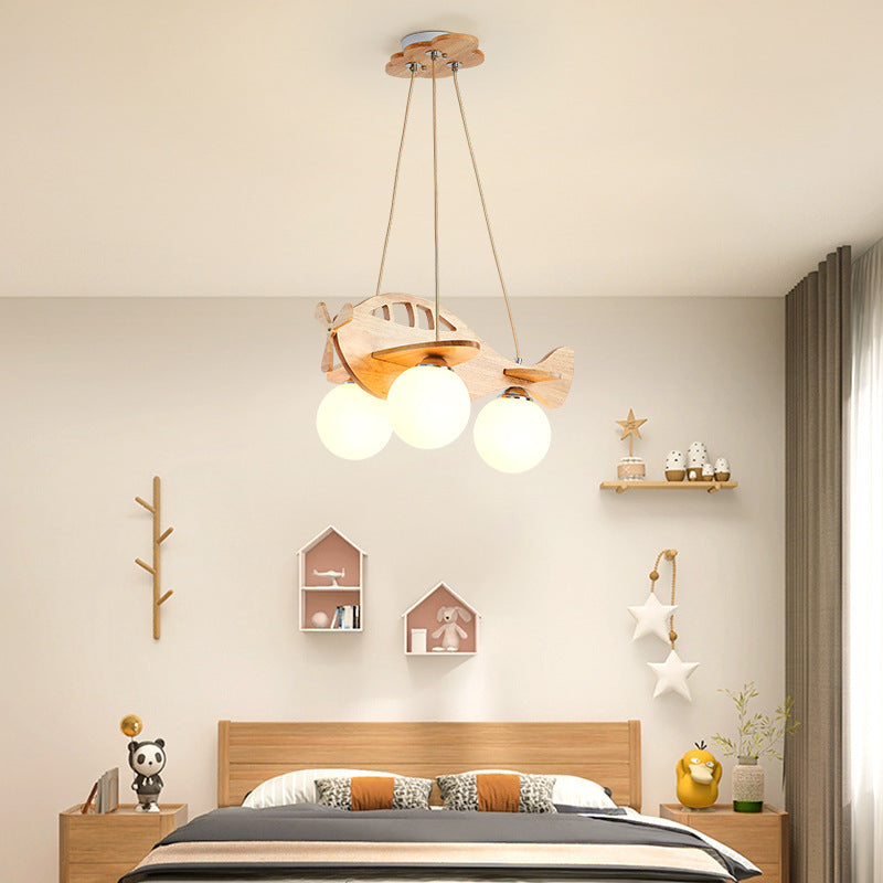 Contemporary Creative Kids Cartoon Airplane Orb Wood Iron Glass 3-Light Chandelier For Bedroom