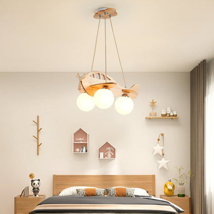 Contemporary Creative Kids Cartoon Airplane Orb Wood Iron Glass 3-Light Chandelier For Bedroom